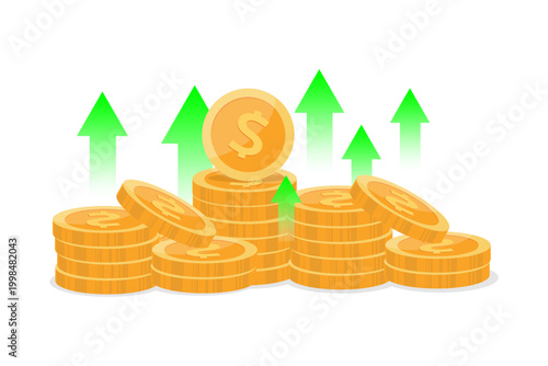 Coins rise with green arrows. Profit grows upward, symbolizing financial gain. Visual cues suggest wealth increase and success. Ideal for business, finance, or investment concepts