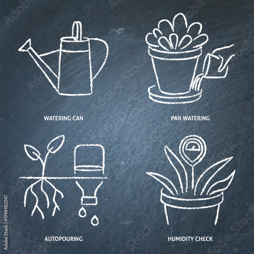 Watering and moistening plants chalkboard icon set