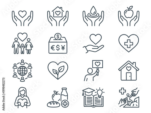 Charity and Donation Icon Set - Humanitarian Aid, Volunteering, Community Support, and Social Care Line Icons for Philanthropy and Non-Profit Organizations