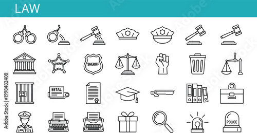 Law and justice icon set featuring legal system symbols court gavel police badge scales and legal documentation outline vector collection