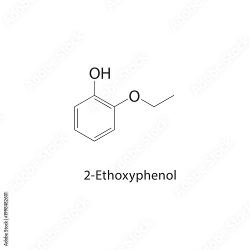 2-Ethoxyphenol skeletal structure. phenol compound schematic illustration. Simple diagram, chemical formula.