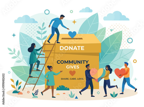 Community Charity Donation Illustration with Diverse People Putting Hearts into a Large Donation Box, Philanthropy, Volunteering, and Social Support Concept