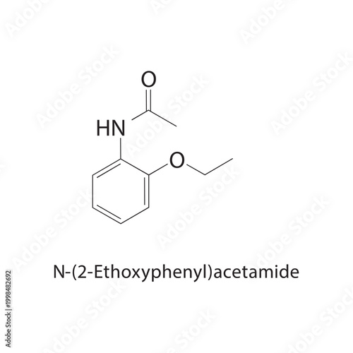 N-(2-Ethoxyphenyl)acetamide skeletal structure. amide compound schematic illustration. Simple diagram, chemical formula.
