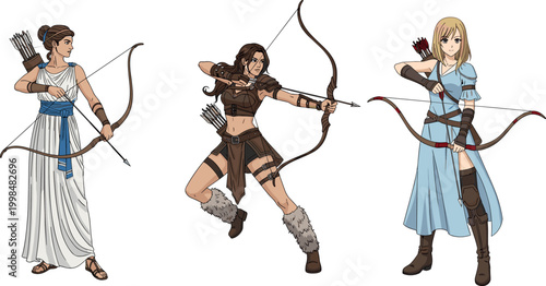 Female Archer Character Set with Greek Goddess Style Huntress Leather Armor Warrior and Fantasy Maiden in Blue Dress with Bow and Arrows