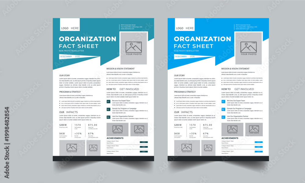 Obraz premium Nonprofit Organization Fact Sheet, Organization Fact Sheet for Business Concept Layout With Two Color Design Step 