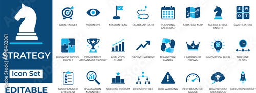 Business strategy and planning vector icon set. Editable two-tone flat icons for corporate management, marketing, teamwork, and success presentations.