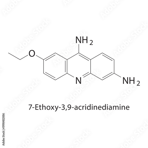 7-Ethoxy-3,9-acridinediamine skeletal structure. diamine compound schematic illustration. Simple diagram, chemical formula.
