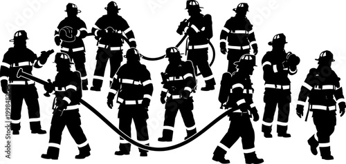 Professional firefighter silhouettes vector illustration set featuring emergency responders in protective gear with fire hoses isolated on white background