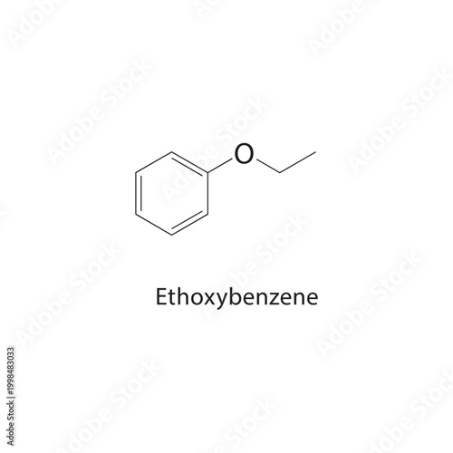 Ethoxybenzene skeletal structure. ether compound schematic illustration. Simple diagram, chemical formula.
