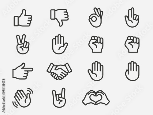 Minimalist Hand Gesture Icon Set - Vector Line Art of Thumbs Up, Peace Sign, OK, Handshake, Heart, and Fist Symbols for Communication and User Interface Design
