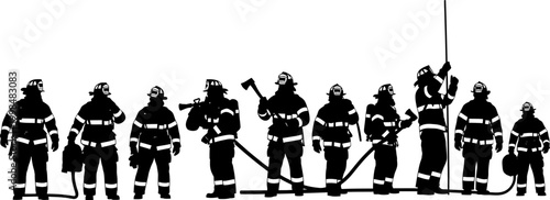 Professional firefighter team silhouette vector illustration featuring rescue workers in protective gear with axes hoses and emergency equipment tools