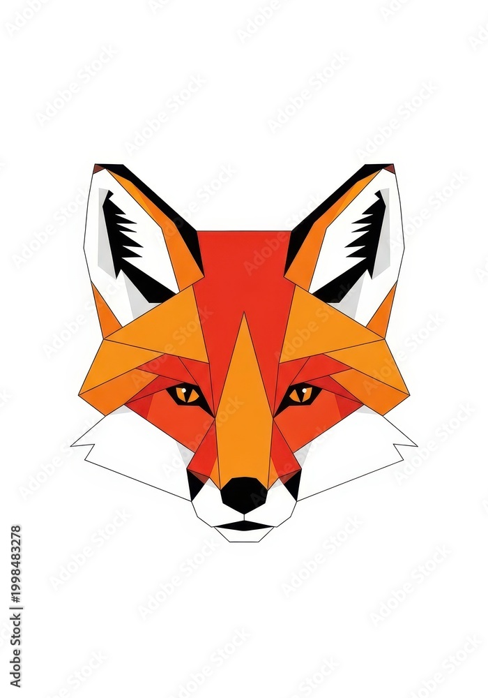 Fototapeta premium Geometric illustration displays the stylized head of a red fox on a white background.