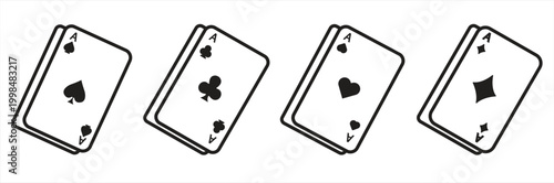 Playing card icons featuring hearts, spades, diamonds, and clubs. Suitable for casinos, poker, gambling, and games. Suitable for websites, logos, apps, templates, and UI designs. Vector illustration.

