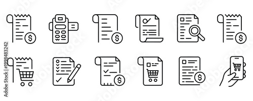E-commerce and finance line icons set including receipts and shopping