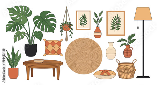Cozy bohemian decor illustration featuring houseplants and furniture