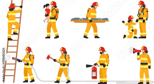 Professional Firefighter Vector Illustration Set Featuring Emergency Responders in Various Rescue Actions and Protective Gear for Safety Concepts