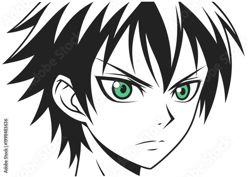A close-up vector illustration of a male anime character with spiky black hair and intense green eyes staring forward against a white background.