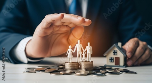 Family protection concept with miniature people and house on coins