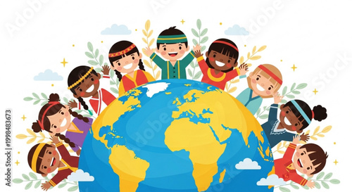 Diverse children around the globe celebrating unity and friendship illustration for global community and international day concepts