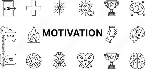 Motivation icon set featuring inspiration success achievement mindset goals productivity and personal development outline vector collection