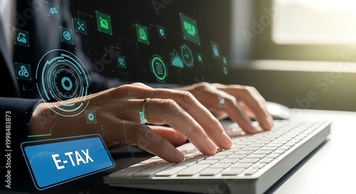 Person typing on a keyboard with e tax and coding symbols around