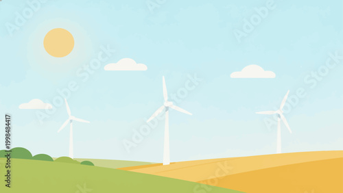Wind turbines in a sunny field