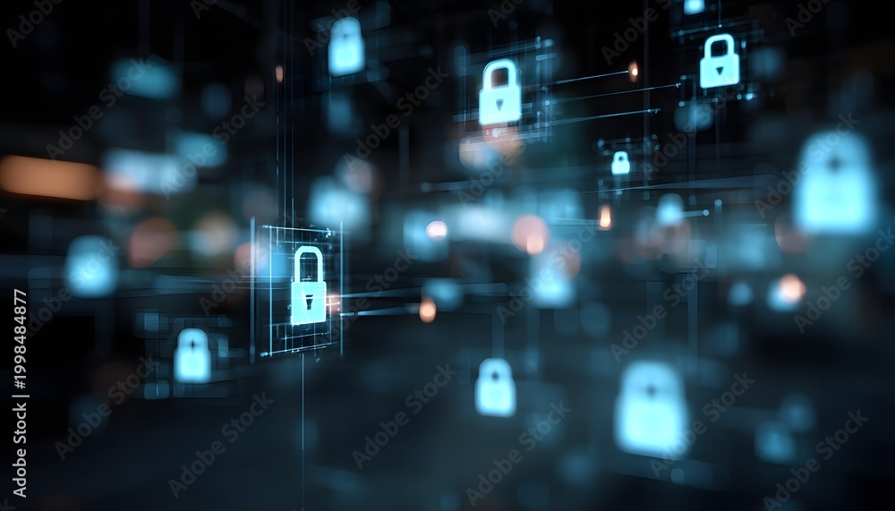 Fototapeta premium A visually captivating digital illustration featuring interconnected security locks symbolizing cybersecurity and data protection in a networked environment.