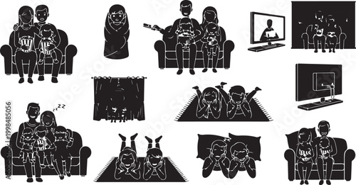 Black and white line of robots and mechanical creatures in various poses