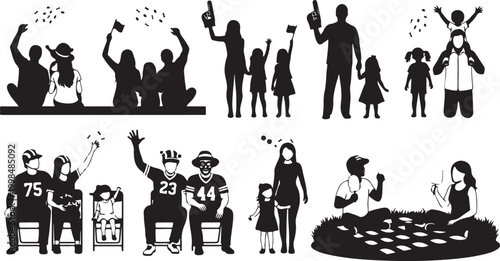 Black silhouette of diverse people in various activities and poses black silhouettes