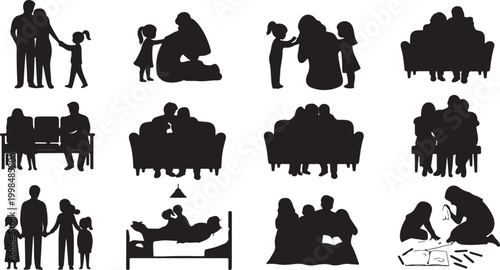Silhouettes of diverse people engaged in various daily activities and social interactions