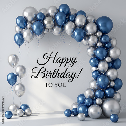 Elegant happy birthday balloon arch in blue and silver colors elegant celebratory decor for event © ATIKUL ISLAM