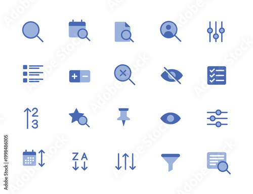 Modern Flat Blue Digital Icons Representing Search and Filter Operations and Settings