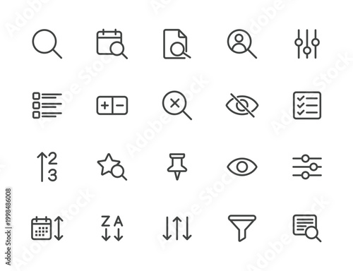 Modern Minimalist Outline Icon Set for Search, Filters, and Data Management Functions
