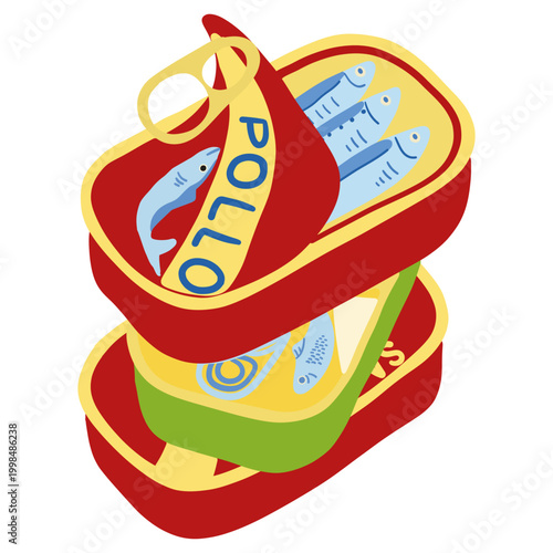 Vintage sardine tin whimsical illustration. Mediterranean seafood sticker design. Retro fish can clipart with anchovy, tuna, seafood tin. Coastal kitchen decor.