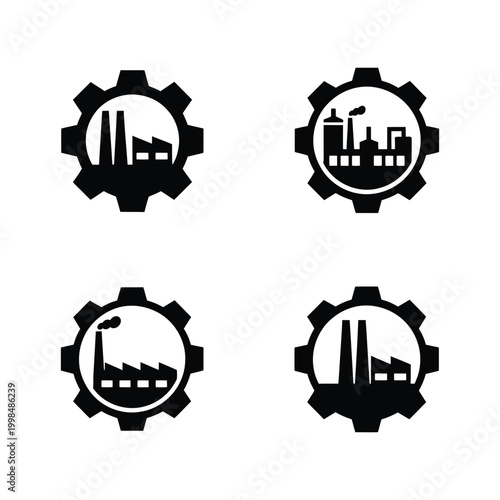 Industrial factory icons set inside cogwheel silhouette including smoke chimney manufacturing plant facility production vector.