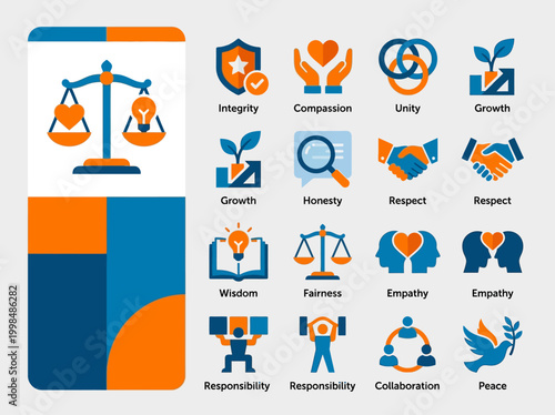 Human Core Values and Business Ethics Icon Set - Flat Vector Symbols of Integrity, Compassion, Unity, Growth, Honesty, Respect, Wisdom, and Fairness