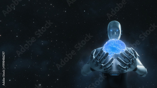 Photos Robot holds glowing brain, showing technology and artificial intelligence control mind concept