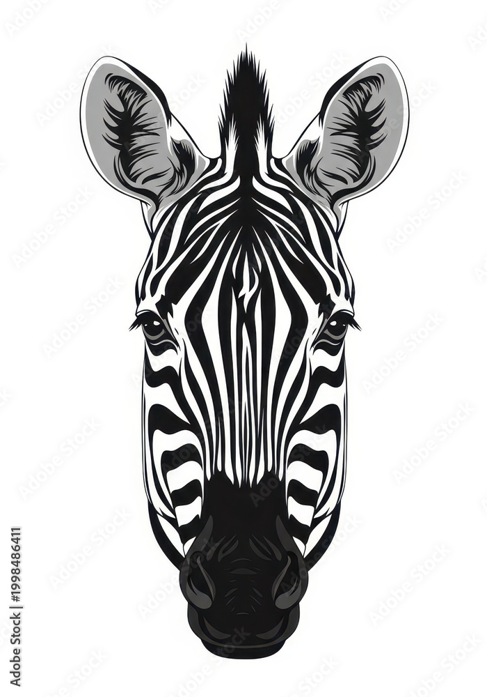 Fototapeta premium Frontal portrait of a zebra head displays striking black and white striped patterns.
