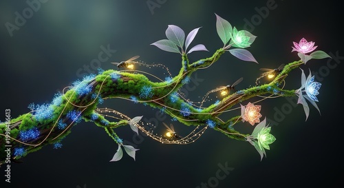 Illuminated glass sculpture of a plant with colorful lights isolated on white background, illustration