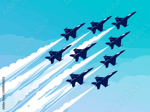 Military Fighter Jets Flying in Formation with Smoke Trails Vector Illustration - Aviation Squadron in Blue Sky