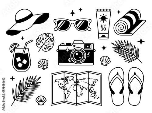 Summer Travel and Beach Vacation Icons Set - Minimalist Black and White Line Art Illustrations of Camera, Sunglasses, Map, Hat, and Tropical Elements