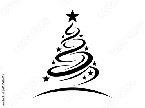 Stylized Minimalist Christmas Tree Vector Illustration with Swirls and Stars on White Background
