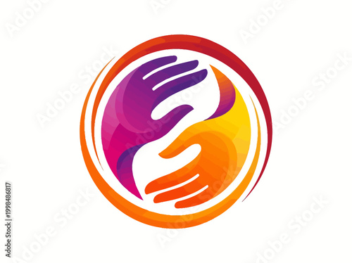 Abstract Circular Logo of Two Hands Embracing, Symbolizing Unity, Support, Community Care, and Partnership. Vibrant Gradient Design for Foundation or Non-profit Branding.