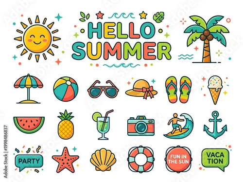 Hello Summer Vector Icon Set - Colorful Beach, Travel, and Tropical Holiday Graphic Design Elements