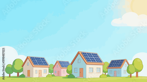 Houses with solar panels in a cartoon landscape