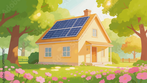 House with solar panels in garden