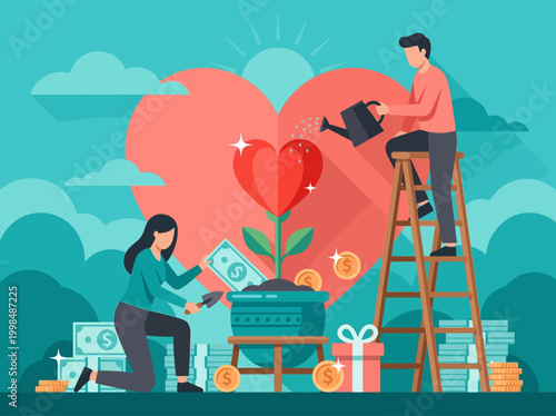 Couple Investing in Love and Relationship Growth: Nurturing a Heart Flower with Money and Care Flat Vector Illustration