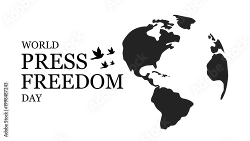 World Press Freedom Day with Globe and Flying Birds Silhouette. Freedom of Speech, Independent Journalism, Media Rights Concept Illustration