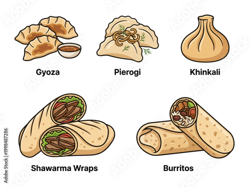 Vector Illustration Set of International Dumplings and Wraps: Gyoza, Pierogi, Khinkali, Shawarma, and Burritos