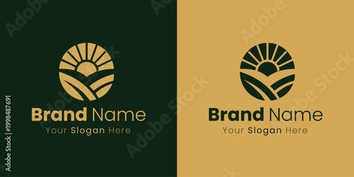 A stylized logo featuring a sun rising over rolling fields.
